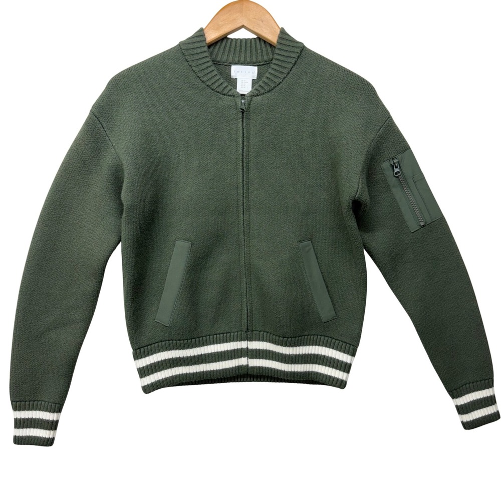 Tweeds Olive Green Knit Bomber Jacket Womens XS Striped Trim Full Zip Sweater